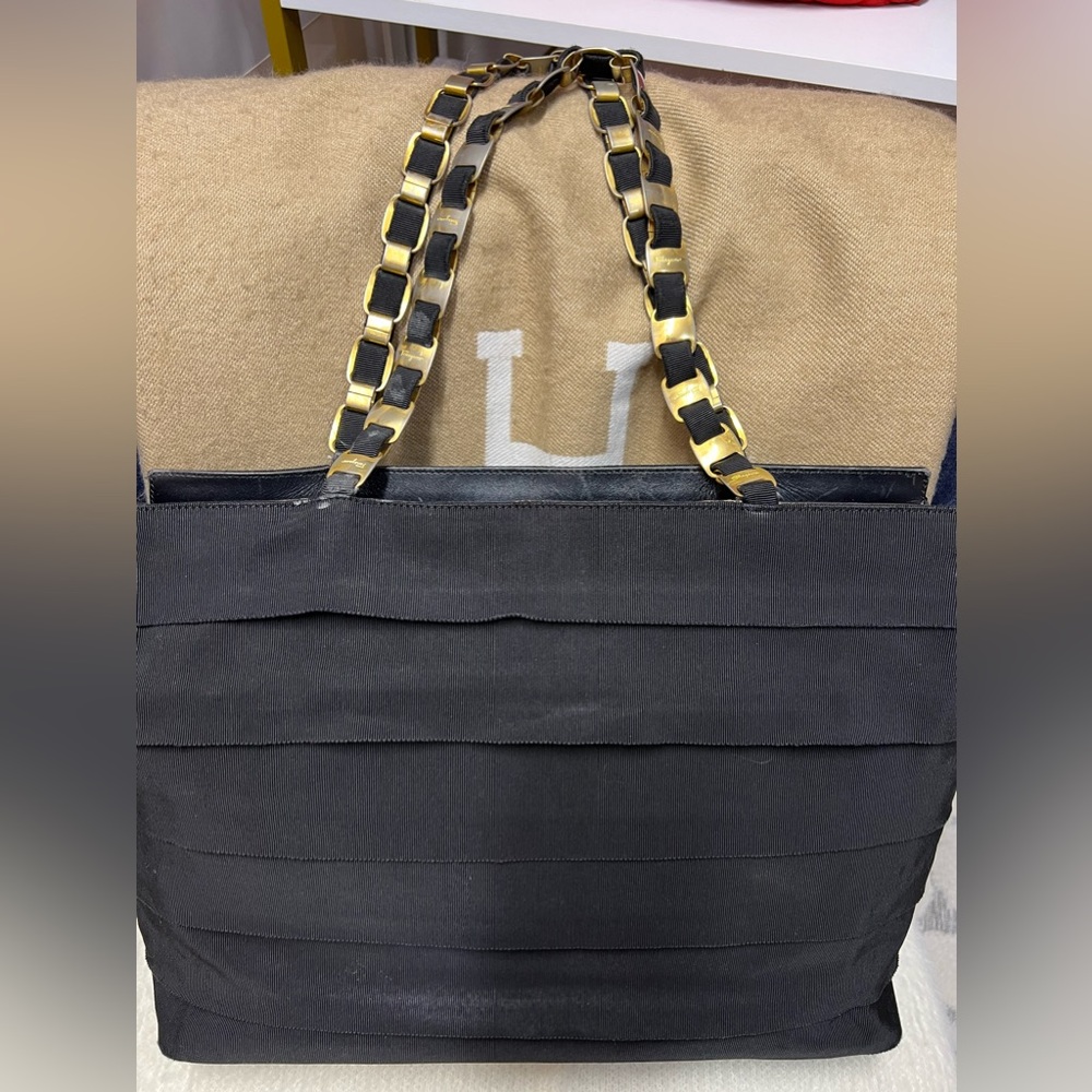 Salvatore Ferragamo Black Tiered Grosgrain Tote Bag Gold Leather Trim